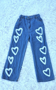 Timeless Kids Girls Blue Love Heart Printed High Waist Loose Fit Slash Pockets Wide Legs Jeans