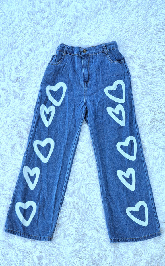 Timeless Kids Girls Blue Love Heart Printed High Waist Loose Fit Slash Pockets Wide Legs Jeans