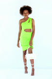 Timeless Women One Hand Neon Green Pleated Cami Dress With Waist Cut-Out Details