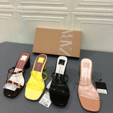 Za same 2020 new thick heel sandals open toe one line with transparent square head medium high heel sandals