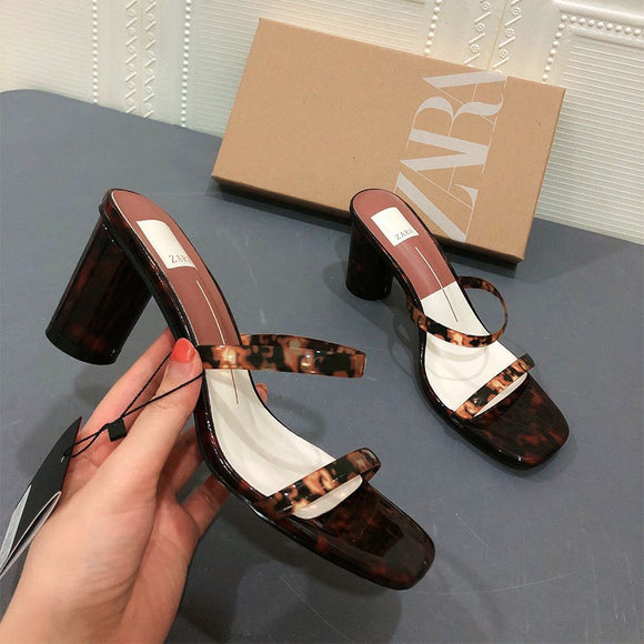 Za same 2020 new thick heel sandals open toe one line with transparent square head medium high heel sandals