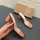 Za same 2020 new thick heel sandals open toe one line with transparent square head medium high heel sandals