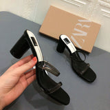 Za same 2020 new thick heel sandals open toe one line with transparent square head medium high heel sandals