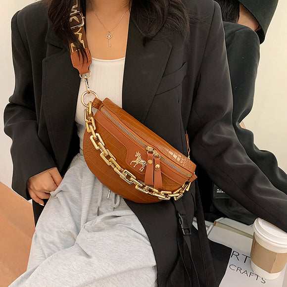 Women's Chest Bag Crocodile Pattern Shoulder Bag Chain Pouch Waist Bag Cross-body Saddle Bag