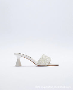 Zar spring and summer new women's shoes with white artificial pearl decoration, thick heel square head semi trailer casual sandals