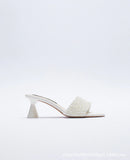 Zar spring and summer new women's shoes with white artificial pearl decoration, thick heel square head semi trailer casual sandals