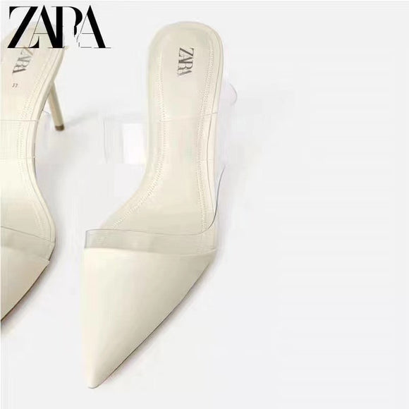 Za summer pointed shallow mouth hand feeling heel sandals women 2021 new transparent one-sided belt Baotou high-heeled sandals women