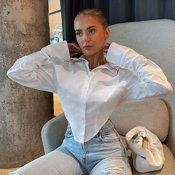 W21tp215 European and American women's wear 2021 summer new solid color Lapel off shoulder sleeve buckle open waist loose shirt