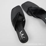 Za women's shoes 2021 summer NEW BLACK PLEATED decorative round head high-heeled sandals clip toe thin heel herringbone sandals