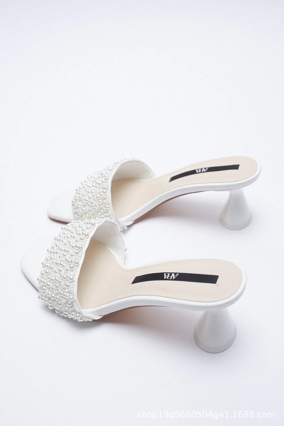 Zar spring and summer new women's shoes with white artificial pearl decoration, thick heel square head semi trailer casual sandals