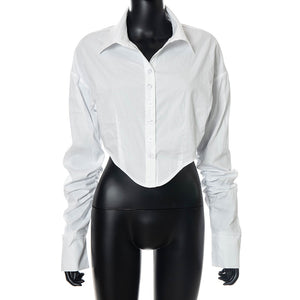 W21tp215 European and American women's wear 2021 summer new solid color Lapel off shoulder sleeve buckle open waist loose shirt