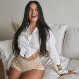 W21tp215 European and American women's wear 2021 summer new solid color Lapel off shoulder sleeve buckle open waist loose shirt