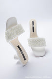 Zar spring and summer new women's shoes with white artificial pearl decoration, thick heel square head semi trailer casual sandals