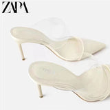 Za summer pointed shallow mouth hand feeling heel sandals women 2021 new transparent one-sided belt Baotou high-heeled sandals women